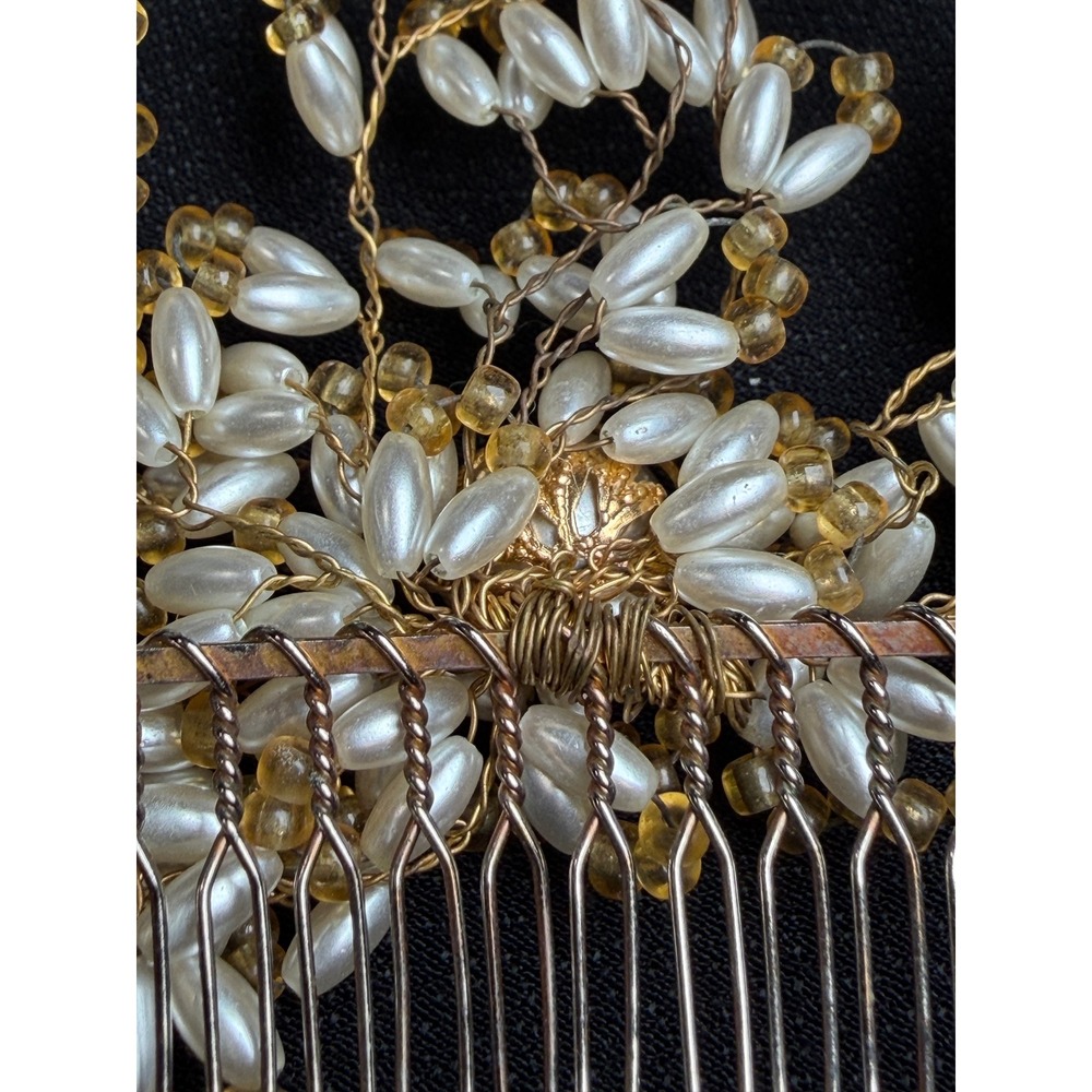 Vintage Pearl and Amber Bead Floral Metal Hair Comb Bridal Wedding Accessory - Picture 10 of 11
